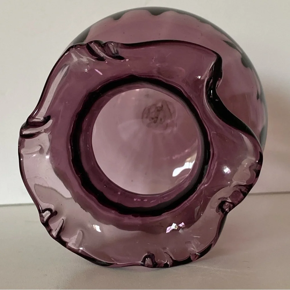 Purple Amethyst Glass Vase Hand Blown Ruffled Top Round Ribbed Bottom Vintage